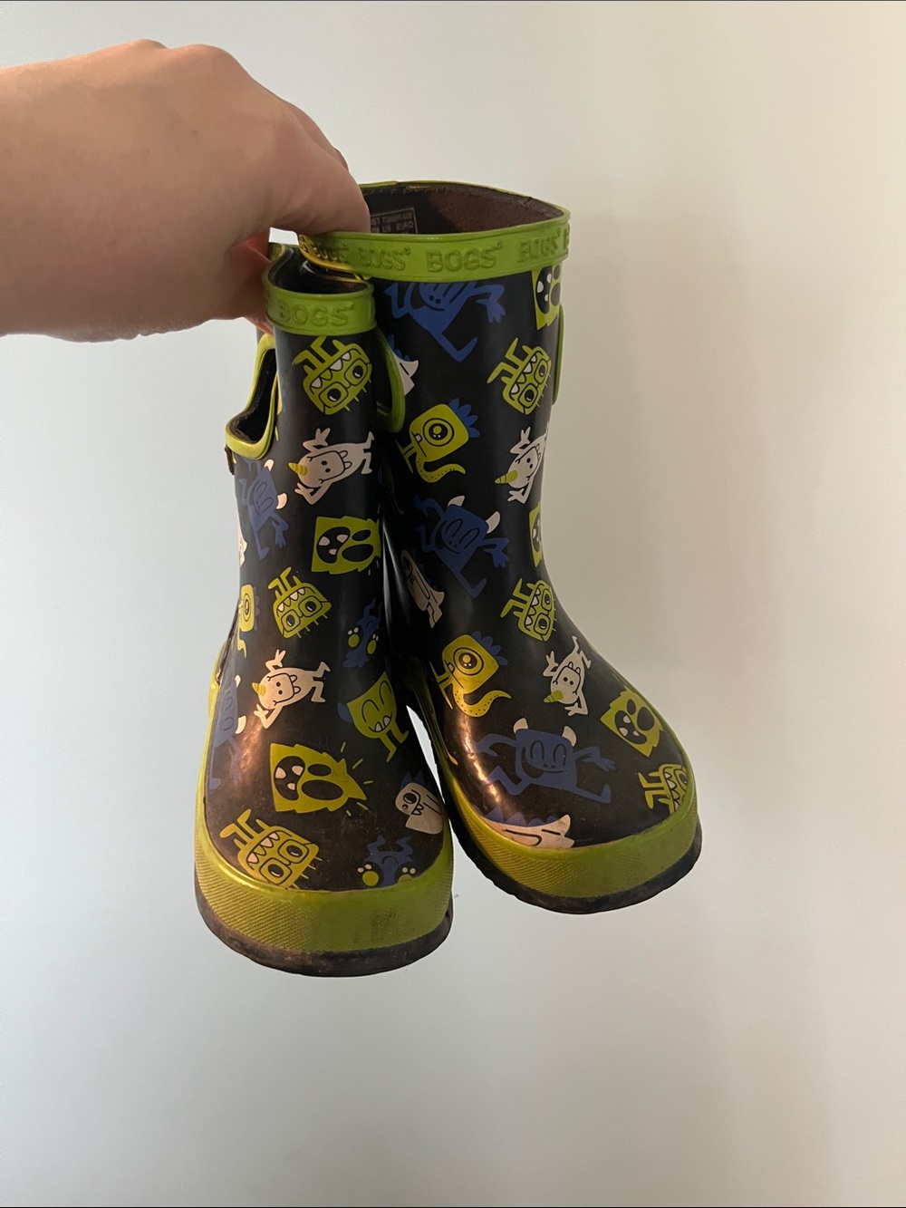 Kids Bogs Black & Lime Monster Print Rain Boots